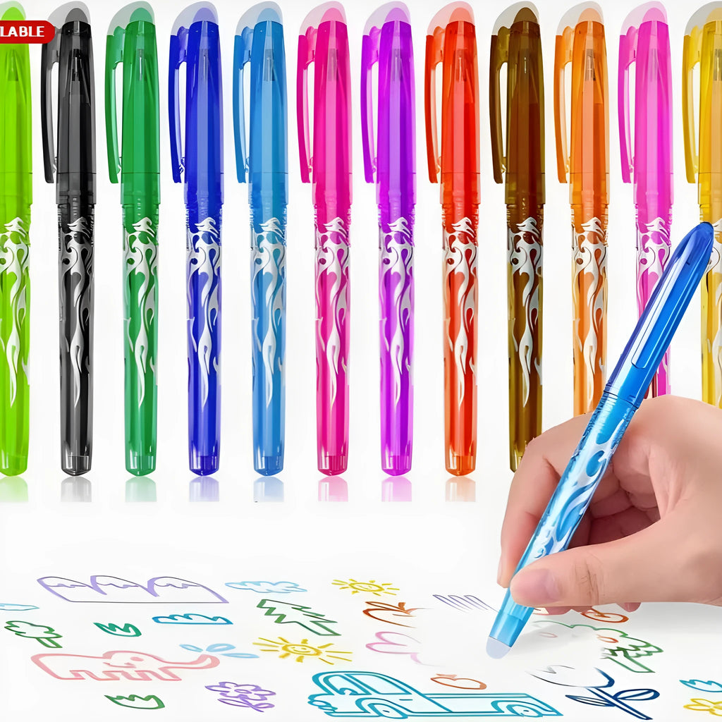 A set of heat-erasable gel pens with plastic bodies and stainless steel nibs, showing 0.5mm and 0.7mm options.