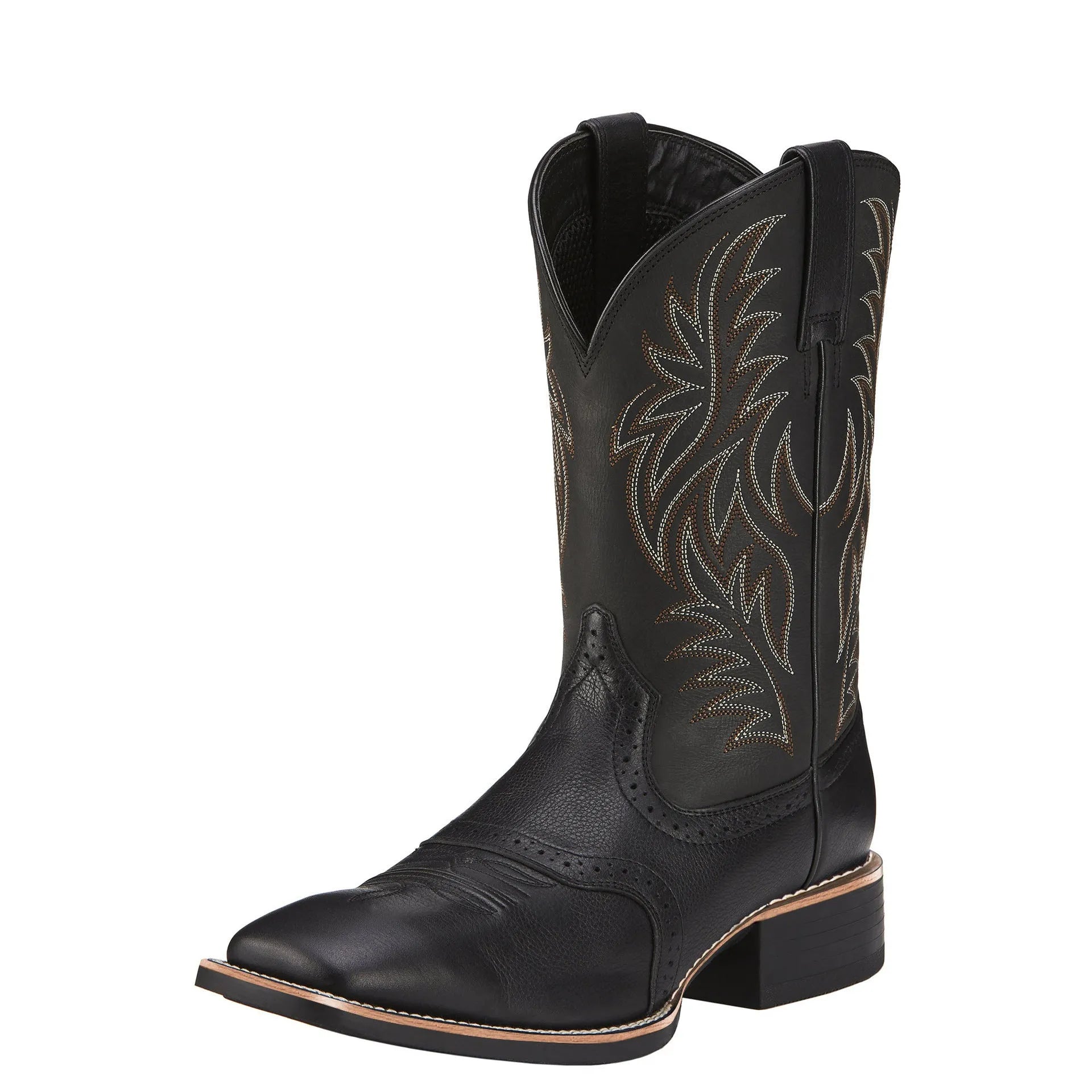 Men's black embroidered western cowboy boots with square toe and decorative stitching