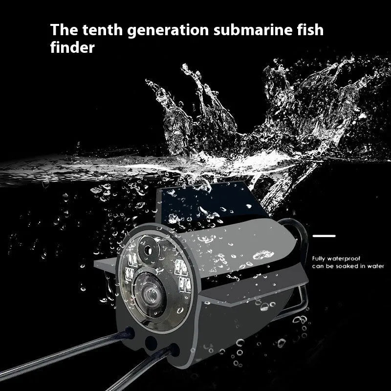 Underwater fishing finder camera with 4.3-inch screen, LED lights, and long cable for boat or ice fishing.