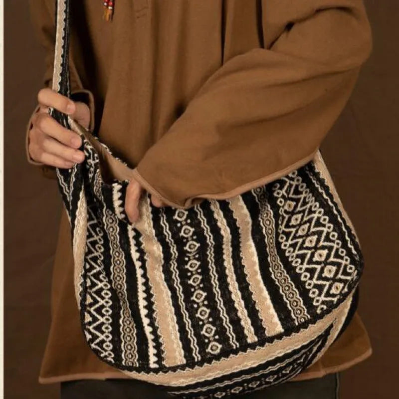 Vintage jacquard striped corduroy messenger bag with adjustable shoulder strap