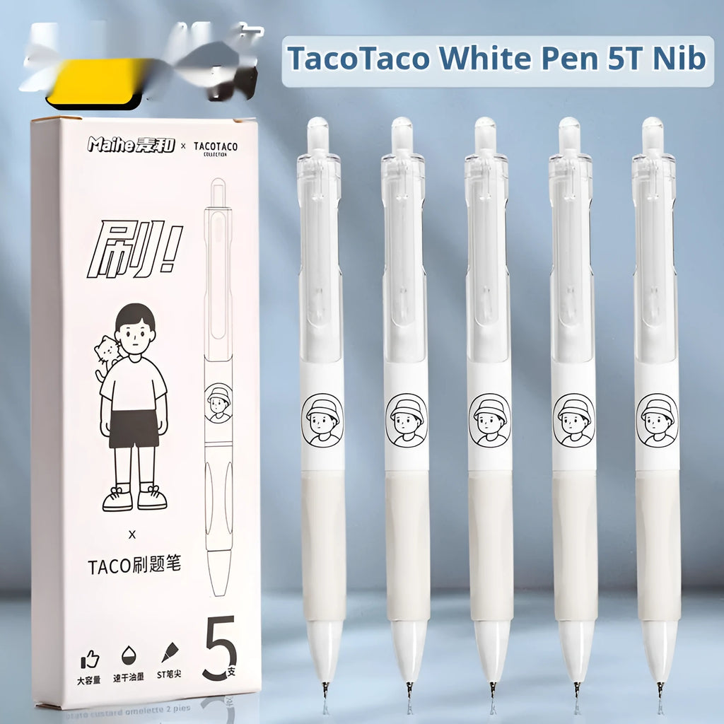 Five neutral colour ballpoint pens with 0.5mm black ink refills arranged together