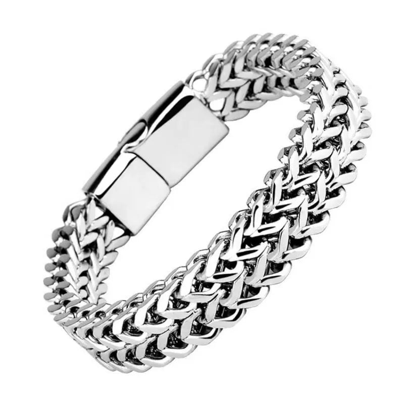 Silver titanium steel geometric bracelet showing 4x8mm and 5x10mm style variants