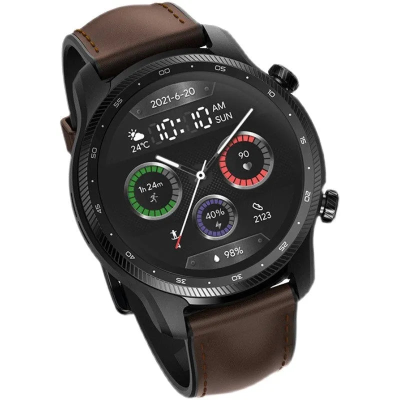 Ticwatch Pro X black smart watch with round display showing fitness metrics on wrist