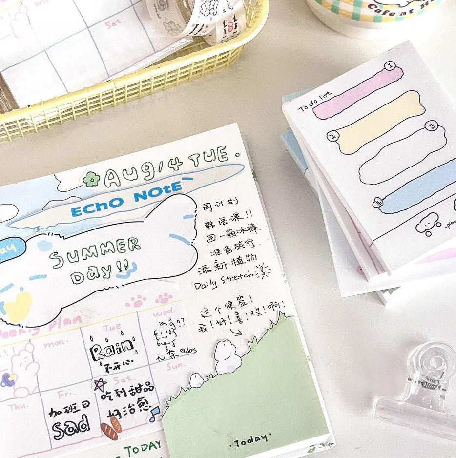 Heartbeat Delivery Series cartoon sticky notes notepad showing six style options including Echo Notes and Puppy Diary.
