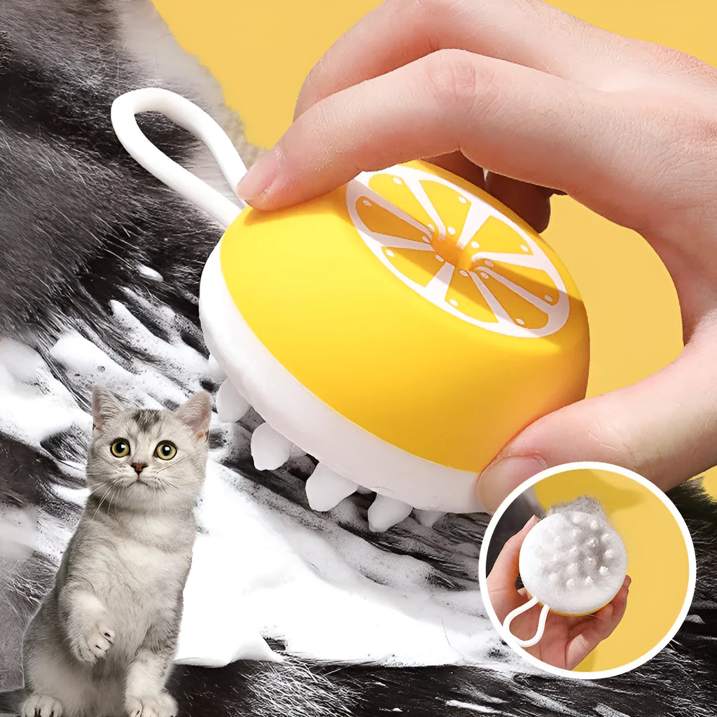 Yellow silicone pet bath brush with massage bristles for dogs and cats grooming
