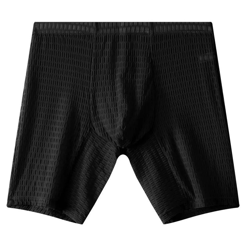 Men's white lace boxer shorts with a mid-waist and lengthened cut on a neutral background.