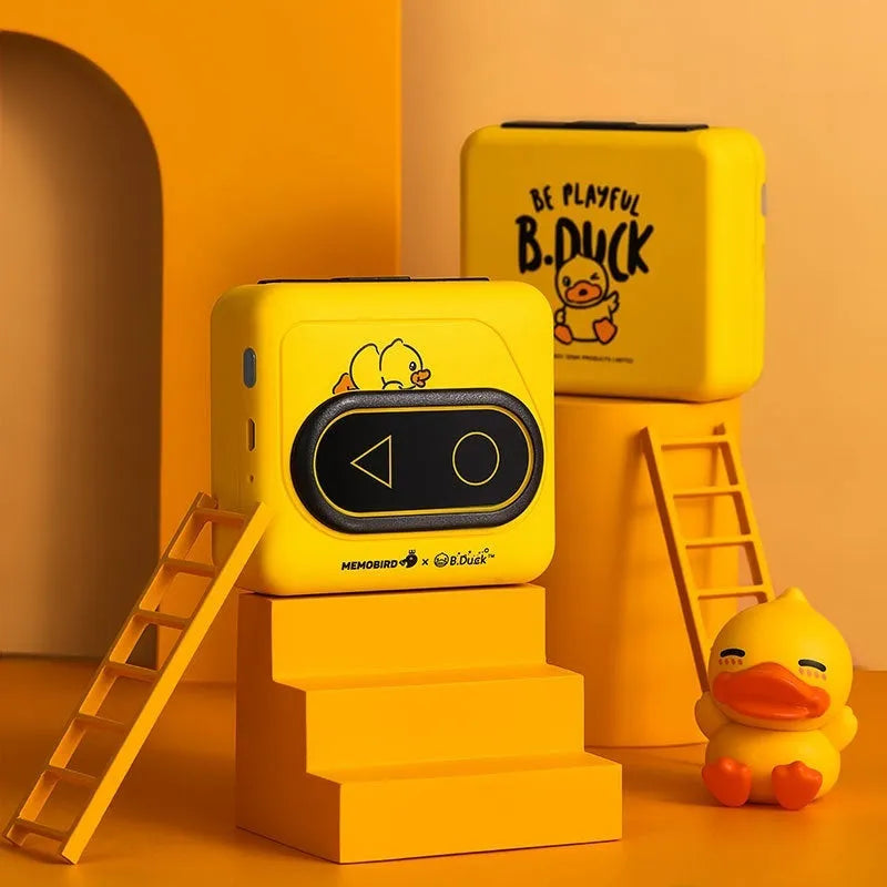 Bluetooth thermal mini printer in avocado green, pink, small yellow duck, or white colours with dimensions 87x79x39mm