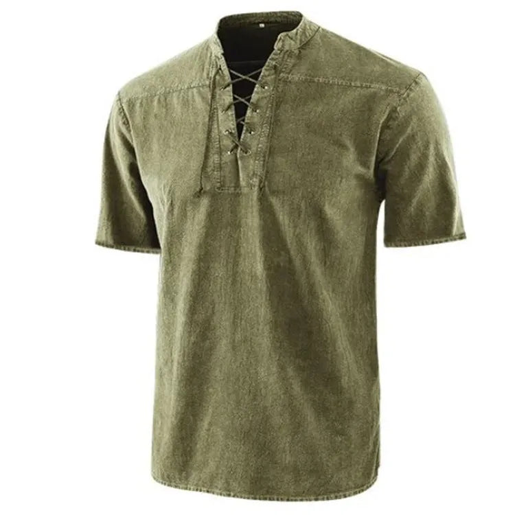 Men's retro short-sleeve shirt with tie collar lace-up detail in solid colour, loose fit, available in multiple colours and sizes.