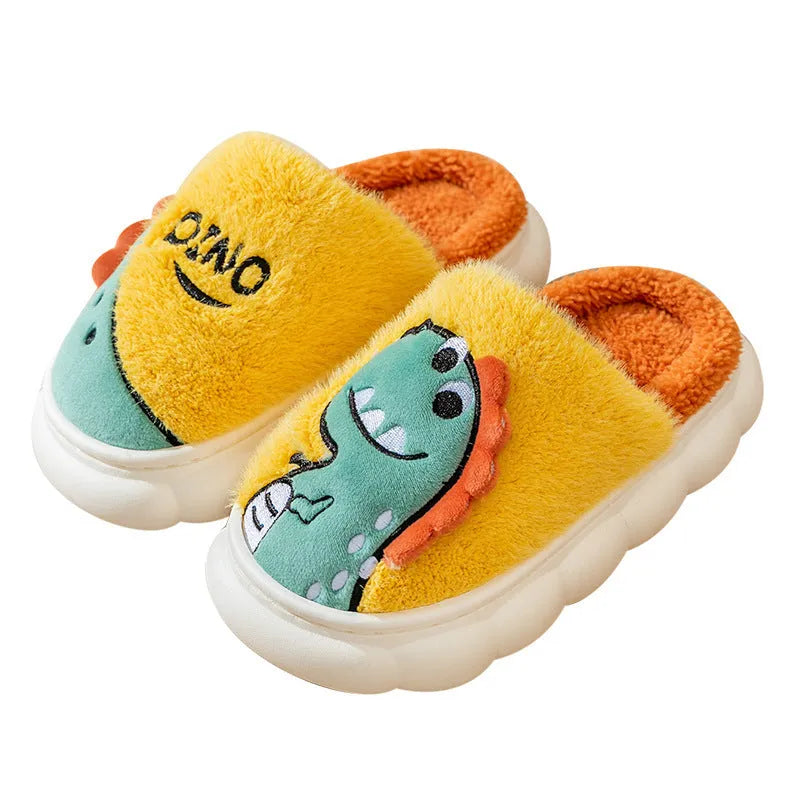 Cotton plush dinosaur print slippers with thickened construction for indoor wear