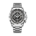 Men's waterproof luminous quartz watch with steel belt in black and blue, black and gold, or silver and white.