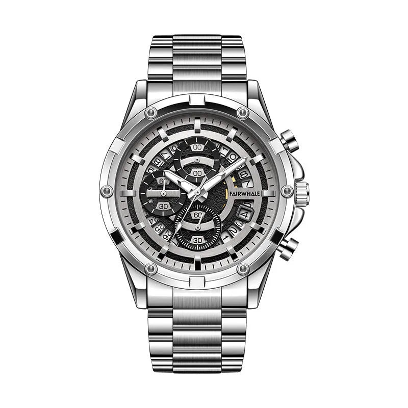 Men's waterproof luminous quartz watch with steel belt in black and blue, black and gold, or silver and white.