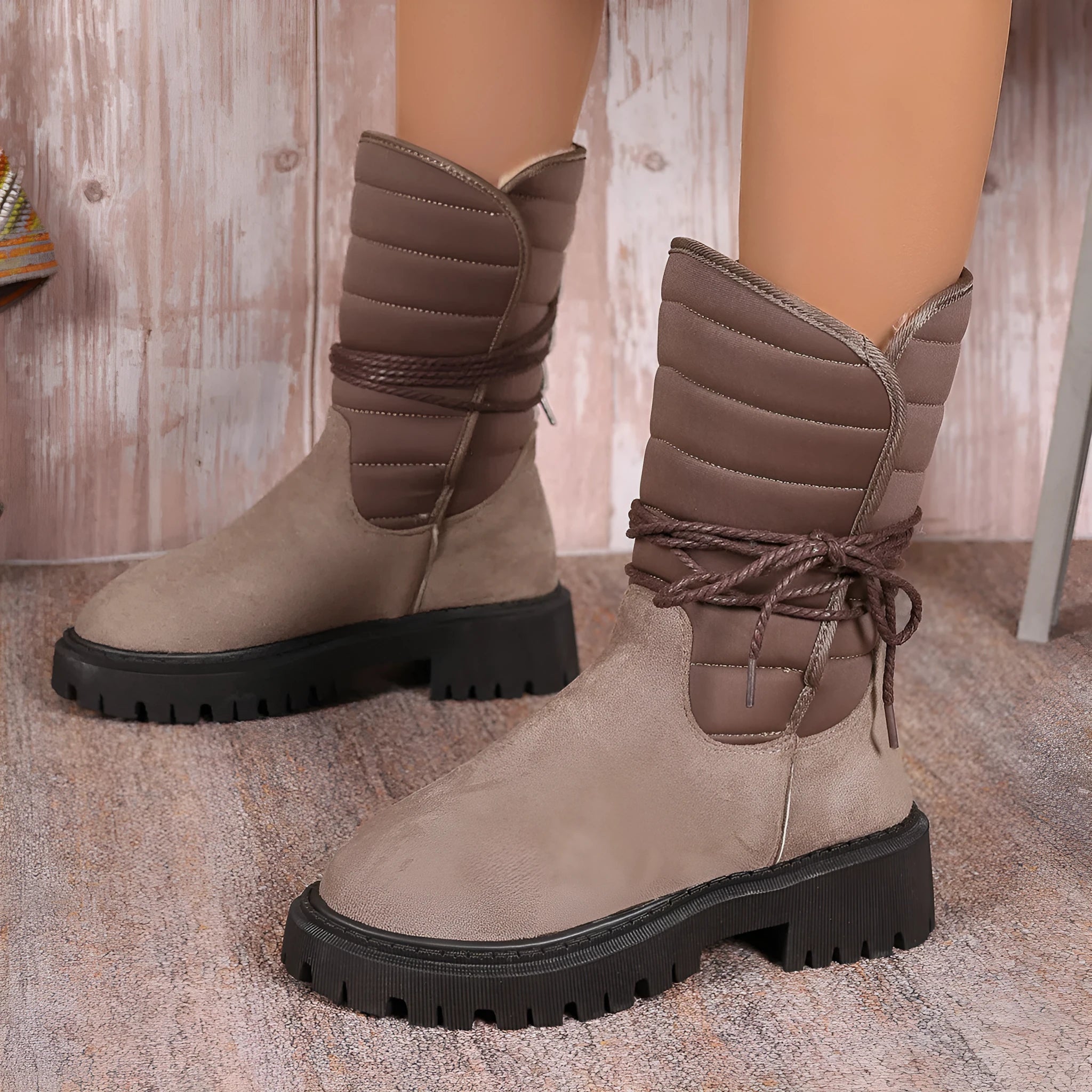 Women's black suede snow boots with chunky heel and lace-up design, shown on a foot.