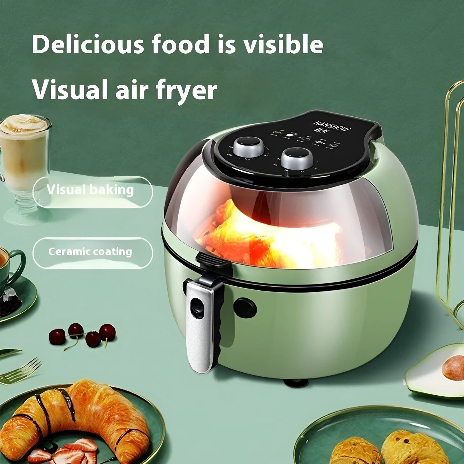 8 litre mechanical button air fryer oven with visible cooking window and nano-ceramic coating