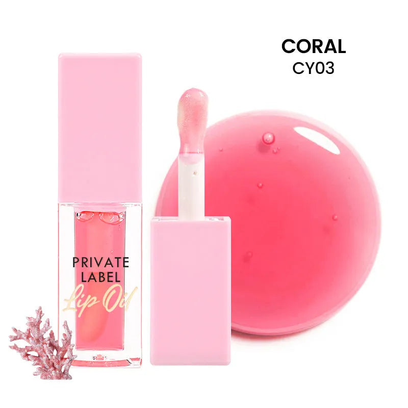 Transparent lip gloss tube showing six fruit shade options including cherry and watermelon