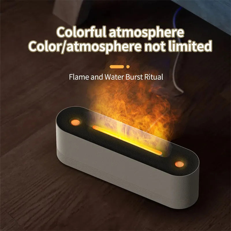 Black ultrasonic humidifier diffuser with coloured flame LED light and mist spray