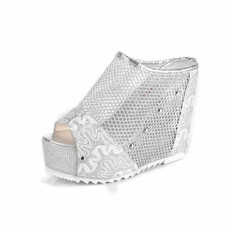 Women's black Korean-style platform sandals with hollowed-out heel, chunky block heel, and lace-up front on mesh upper.