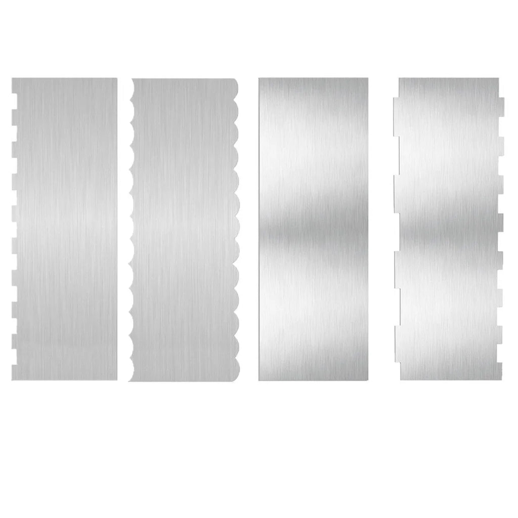 Stainless steel cake decorating scraper showing polygon pattern edge design