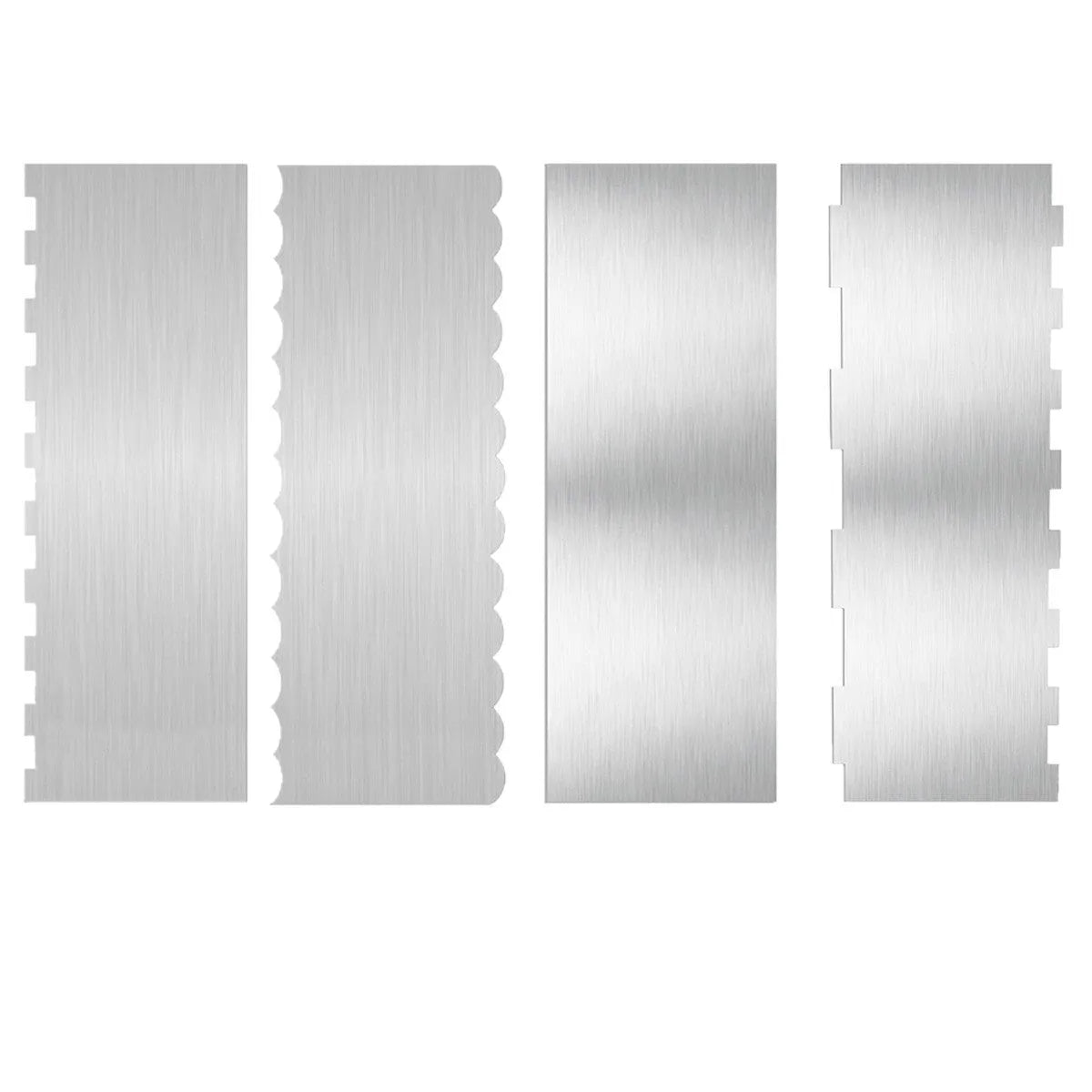 Stainless steel cake decorating scraper showing polygon pattern edge design