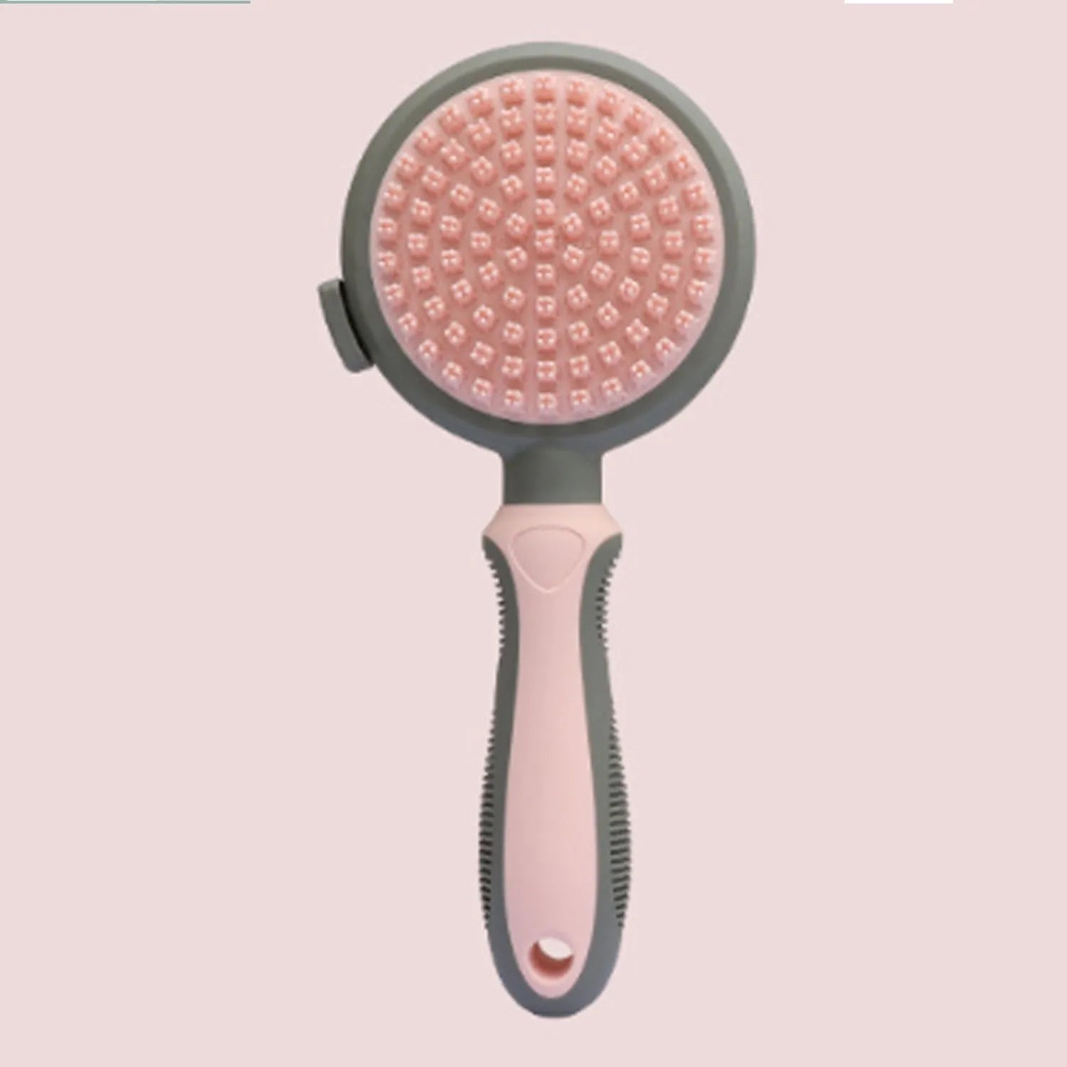 Double sided pink cat brush with release button and flea comb for pet grooming