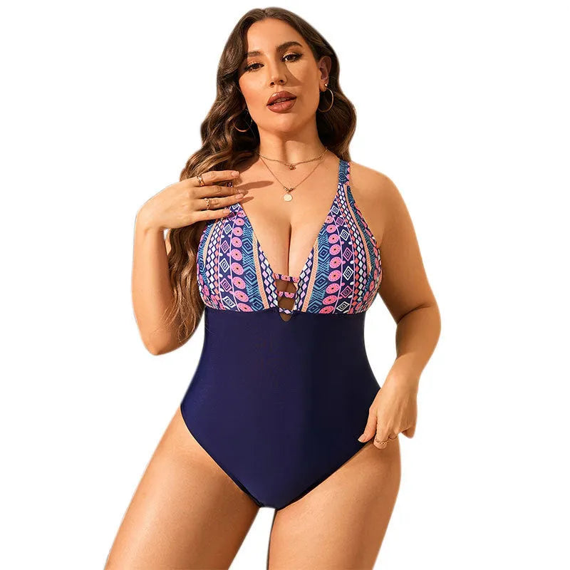 Plus size women's one-piece swimsuit with belly cover and leopard print pattern