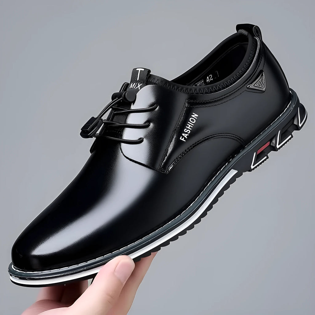 Men's plus size casual leather shoes – round toe wedge heel PU leather with stitching, elastic band closure, black colour