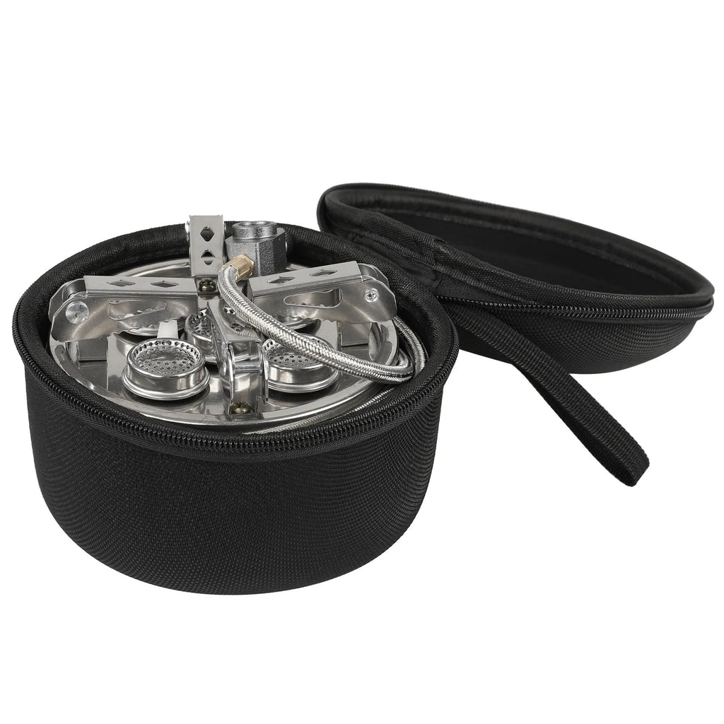 Silver coloured portable split stove made of stainless steel and copper with a long hose, shown folded for transport.