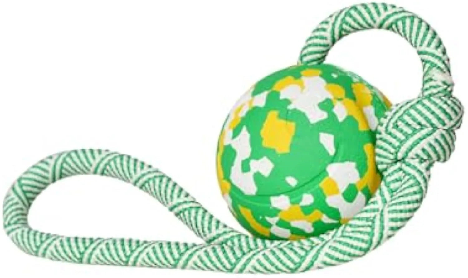 Natural rubber dog ball attached to nylon rope toy in two sizes for medium and small dogs