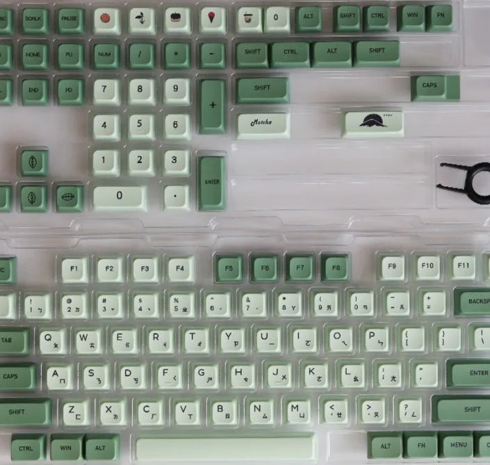 124 Key Matcha green PBT sublimation keycap set for mechanical keyboards laid out flat.