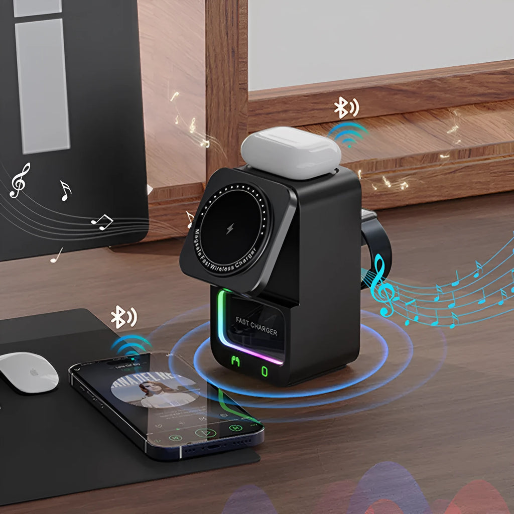 White Bluetooth speaker wireless charging station with magnetic phone holder on desk