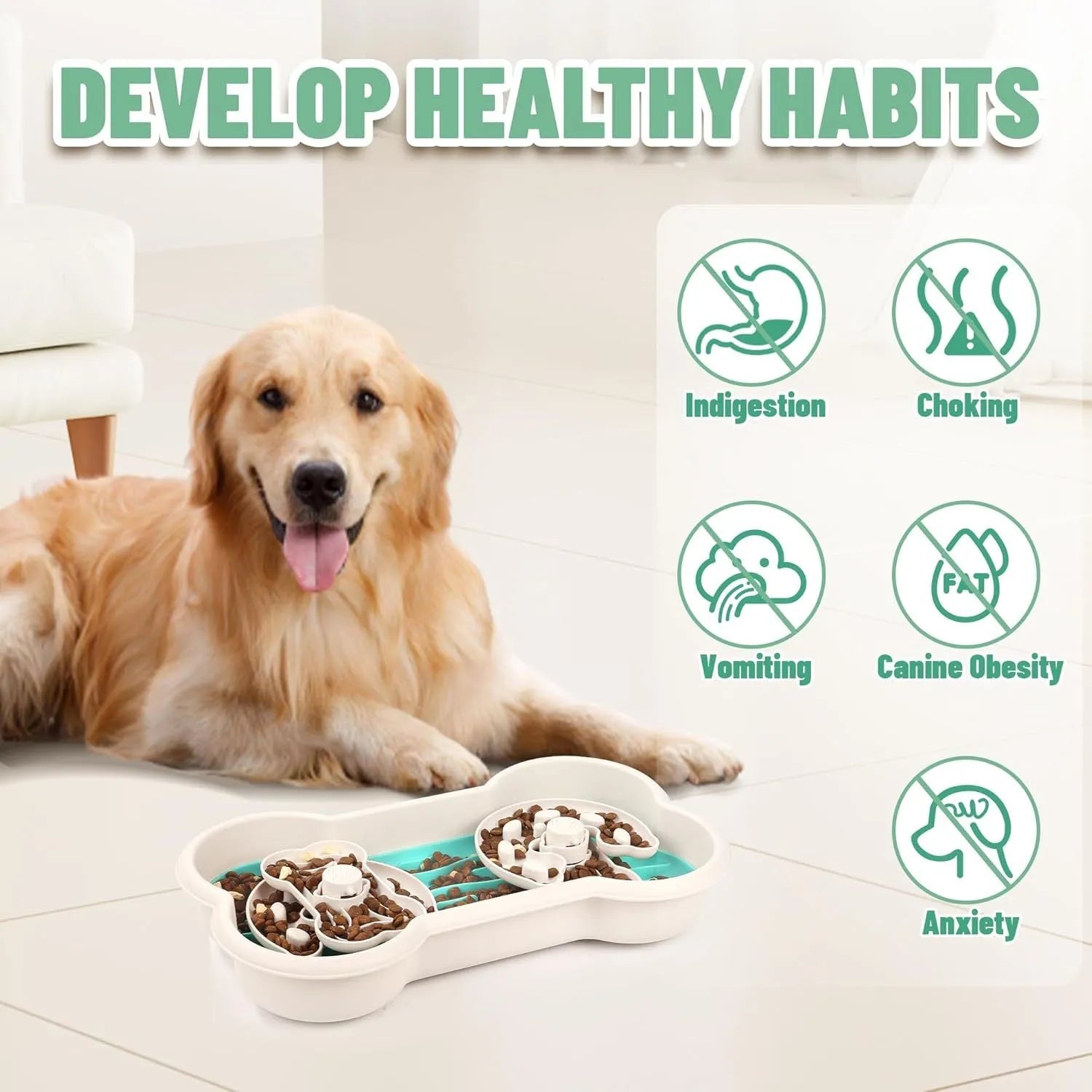 Large green dog slow feeder bowl with three rotating trays showing wave and groove patterns