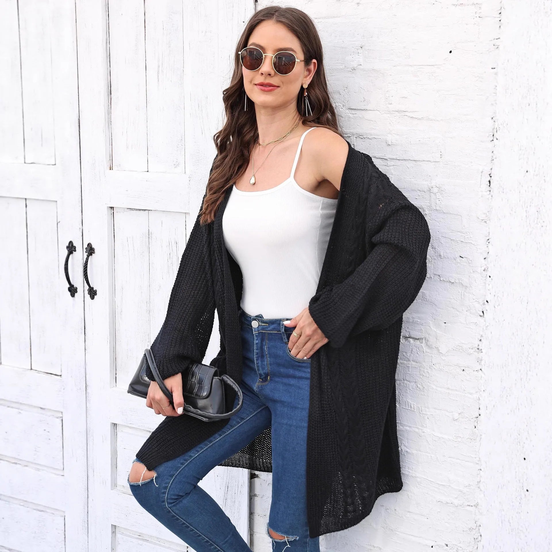 Women's loose acrylic sweater coat in army green colour showing European-American style casual fit