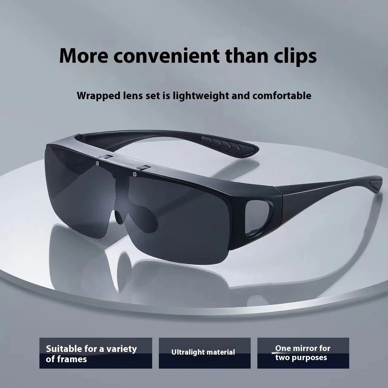 Polarized clip-on sunglasses with a one-piece frame shown in multiple lens colour options including black and grey