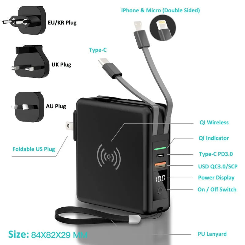 Black PD20W power bank with wireless charging and flip-out UK US EU AU plug adapters
