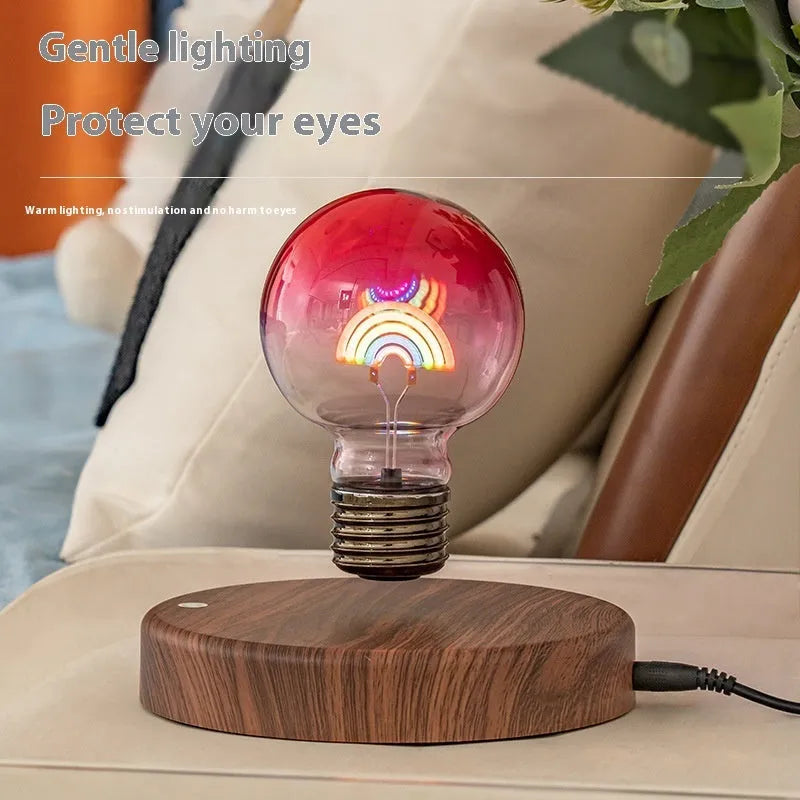 Magnetic suspension love night lamp with floating bulb, geometric modern art design, 80mm diameter, rainbow light on desk