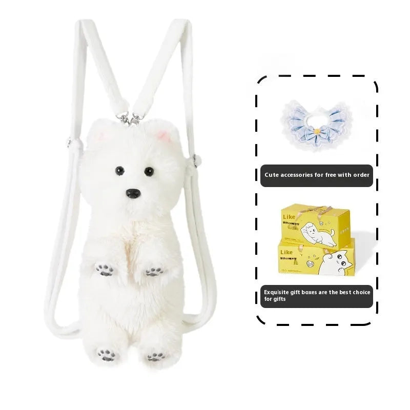 West Highland simulation plush dog with JK plaid pink scarf in colour box packaging
