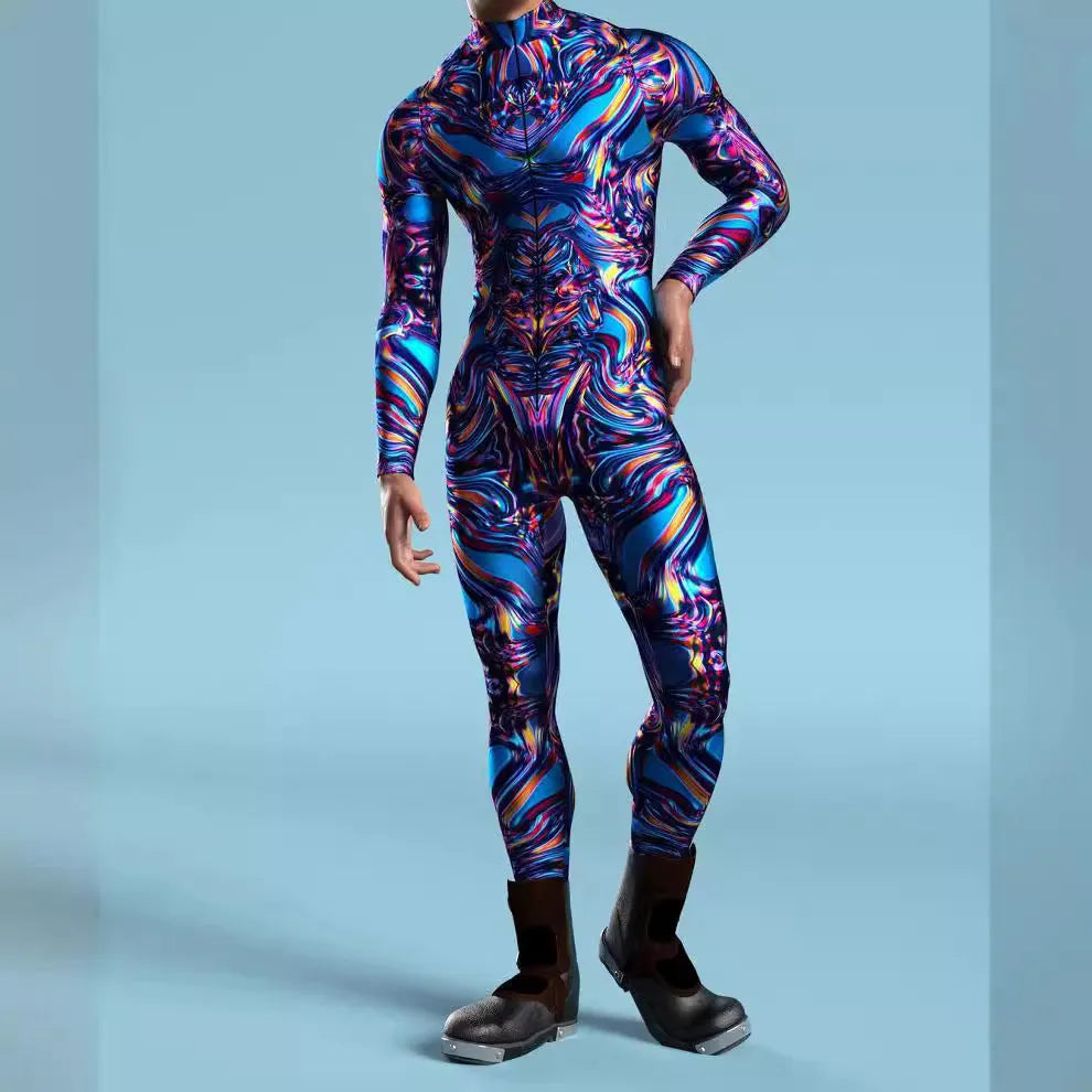 Halloween 3D digital print cosplay jumpsuit in Model 1 colour on adult model, showing full-body stretch fabric costume