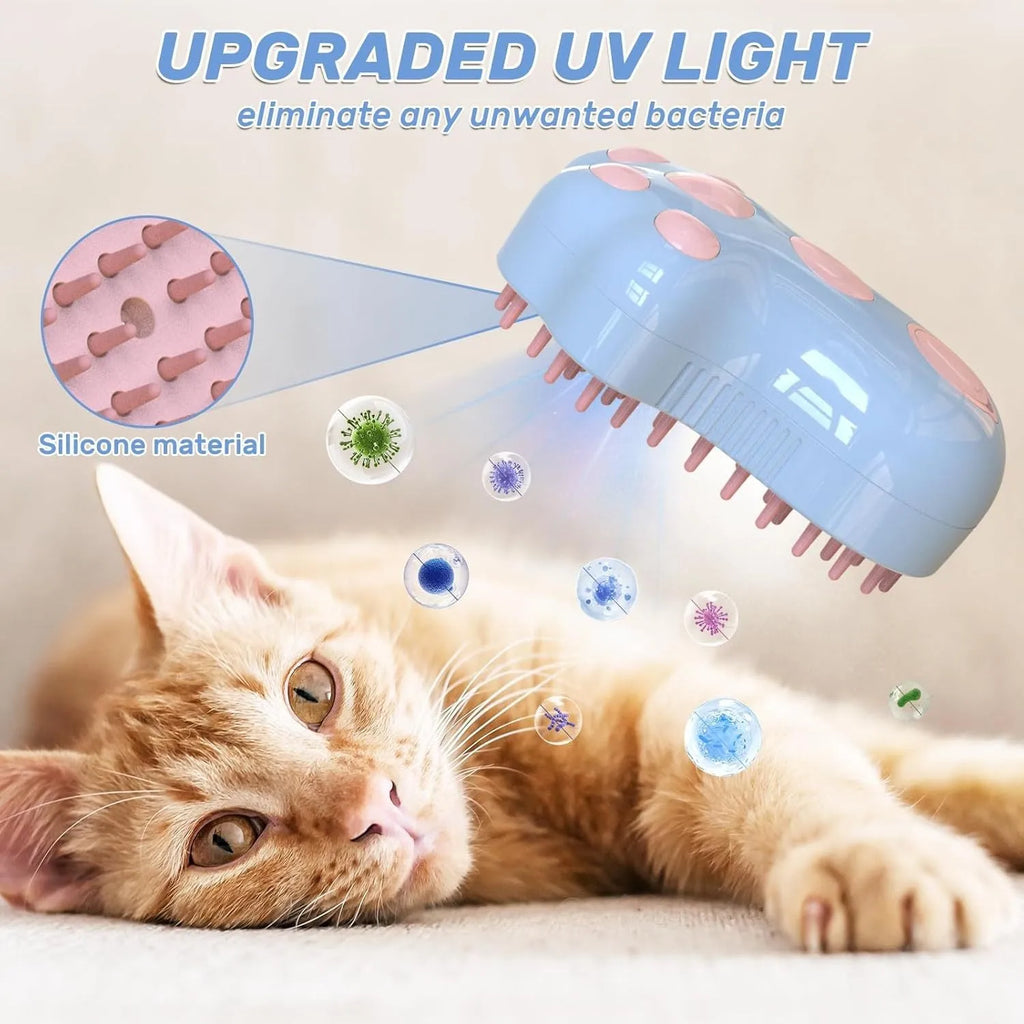 Blue self-cleaning cat steam brush with silicone bristles and a spray nozzle.