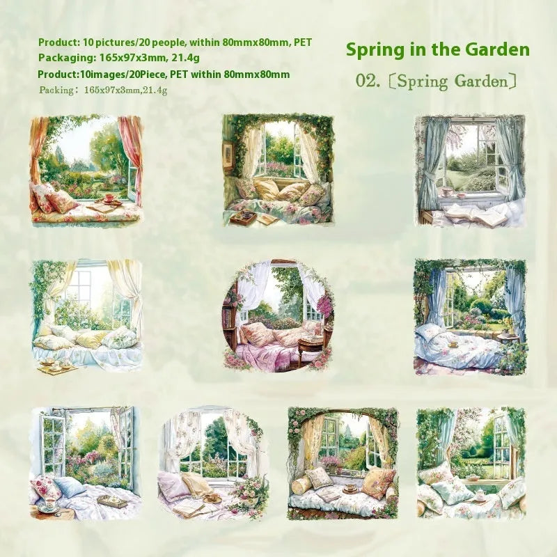 Set of six retro-themed window scene decorative stickers for journals, including seaside and garden designs.