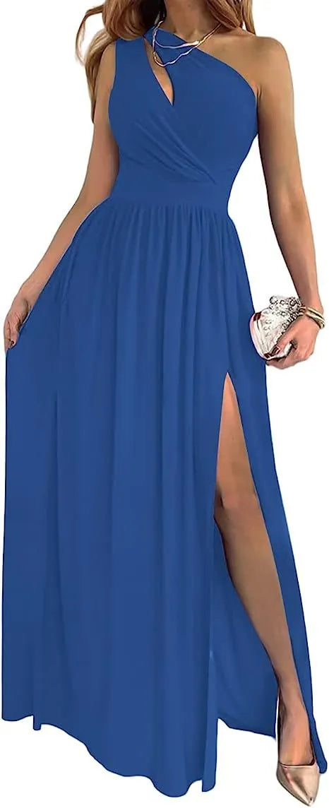 Women's one shoulder cocktail maxi dress with high side split in soft fabric