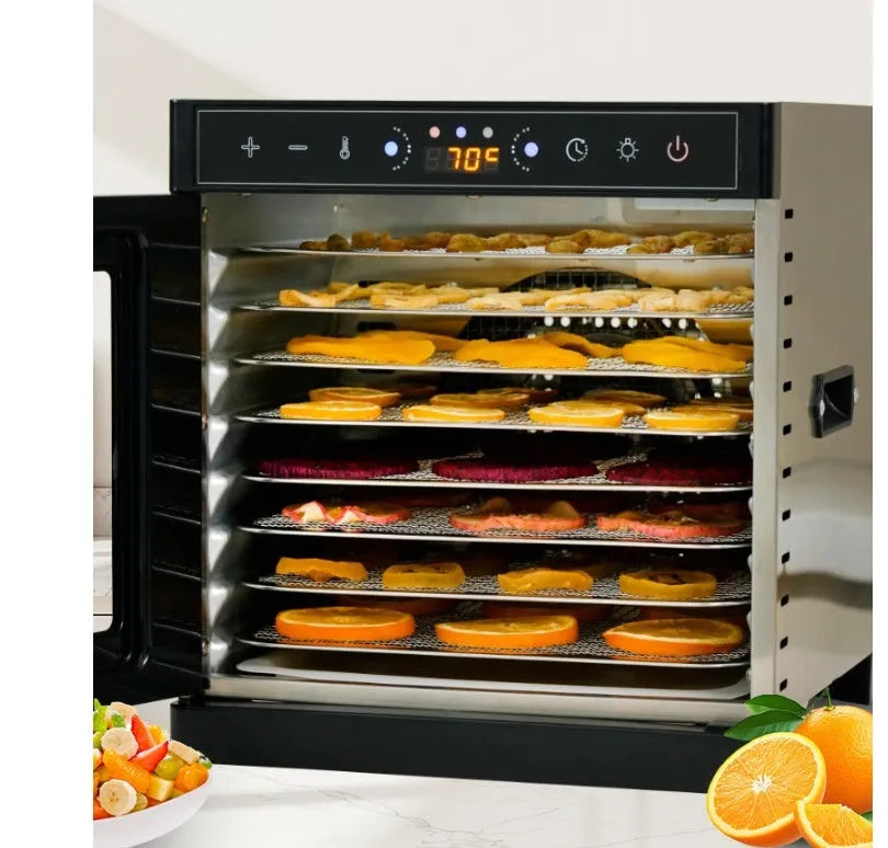 Stainless steel fruit dehydrator with multiple trays and an LED control panel.