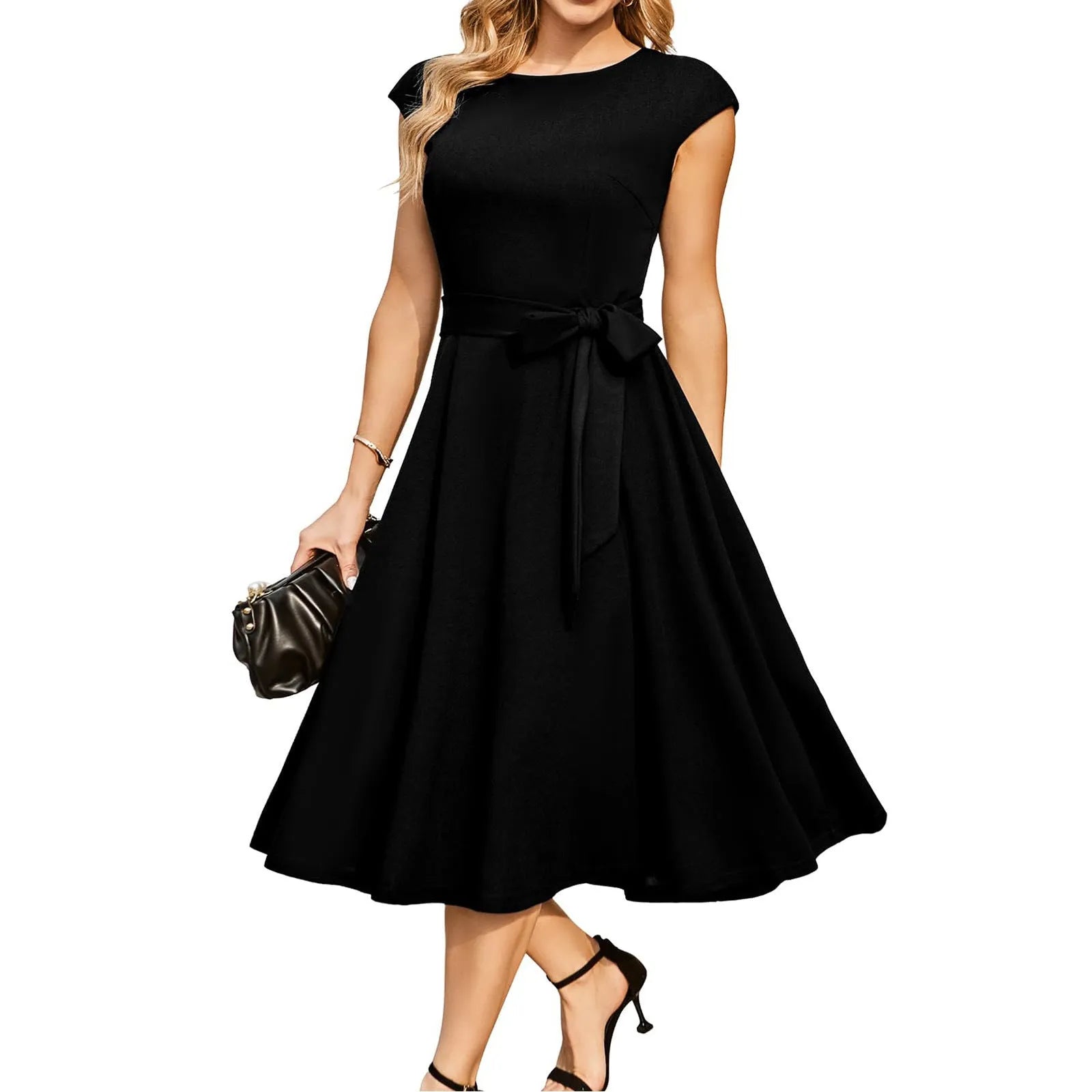 Sleeveless lace-up waist dress with swing skirt in twisted silk polyester fabric