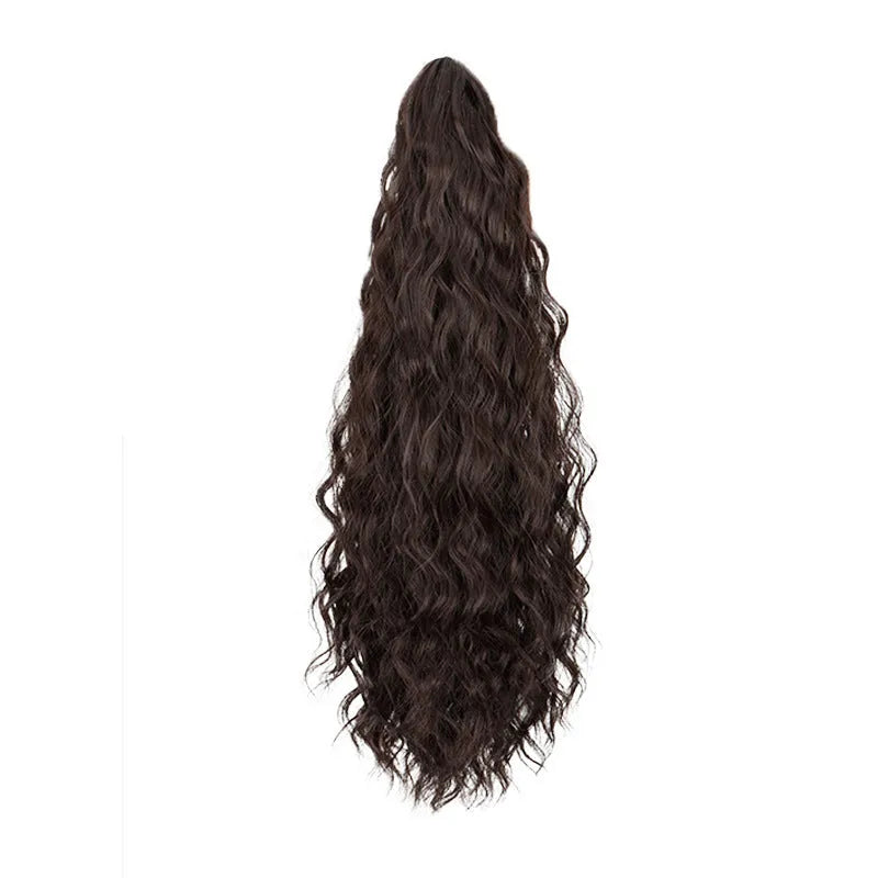 Water ripple grip corn curler synthetic ponytail wig in high temperature fibre on a stand