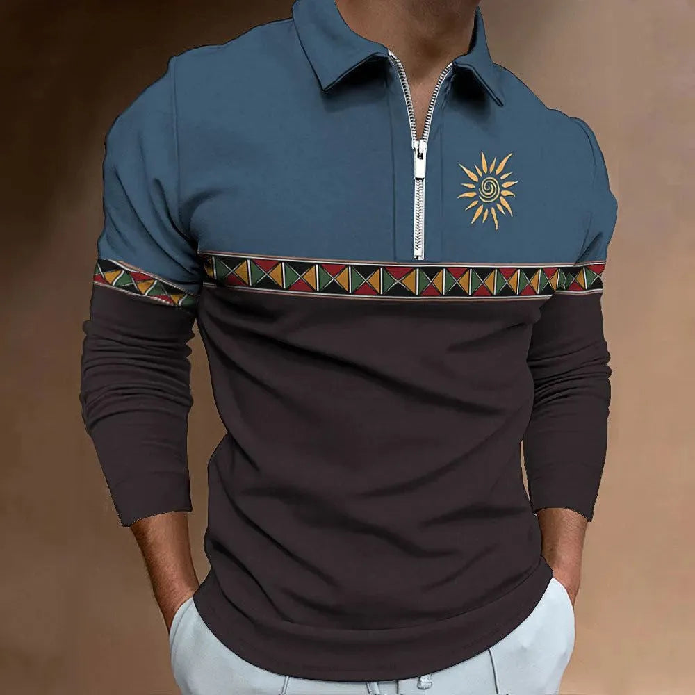 Man wearing a loose-fit long sleeve t-shirt with retro stripe print and zipper details, suitable for golf.
