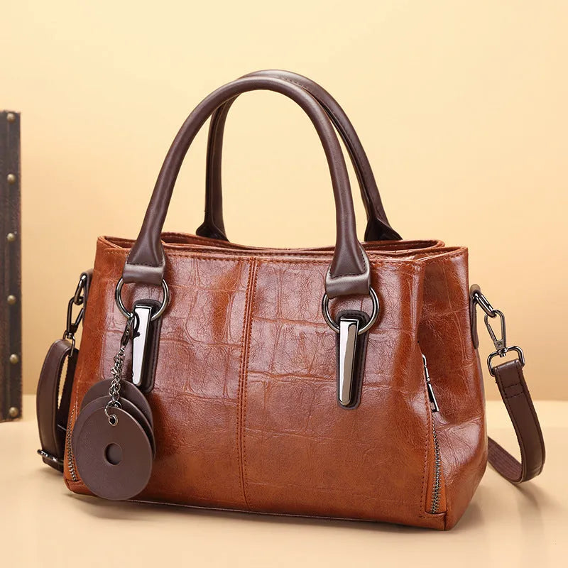 Large horizontal square PU leather bag in vintage brown with internal organisation compartments