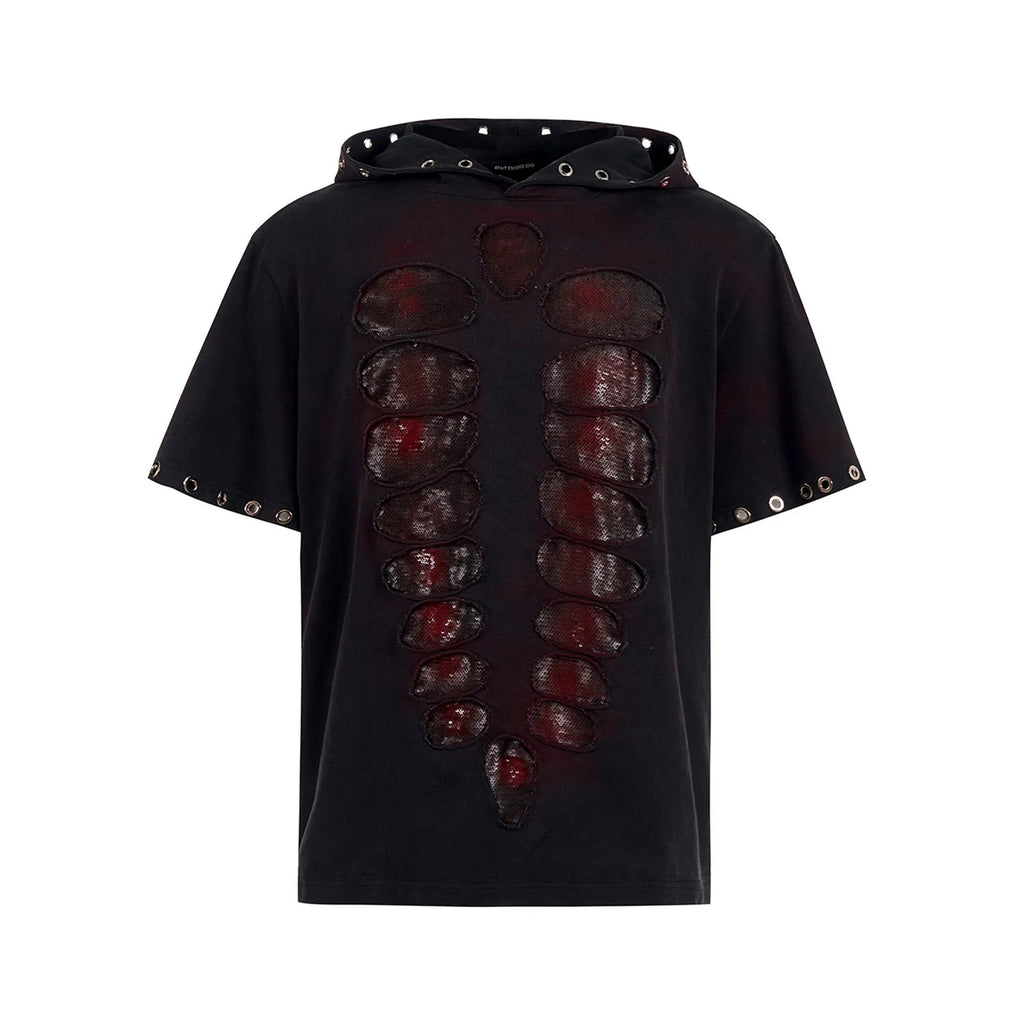 Black men's hooded t-shirt with sequin detailing and short sleeves in loose fit