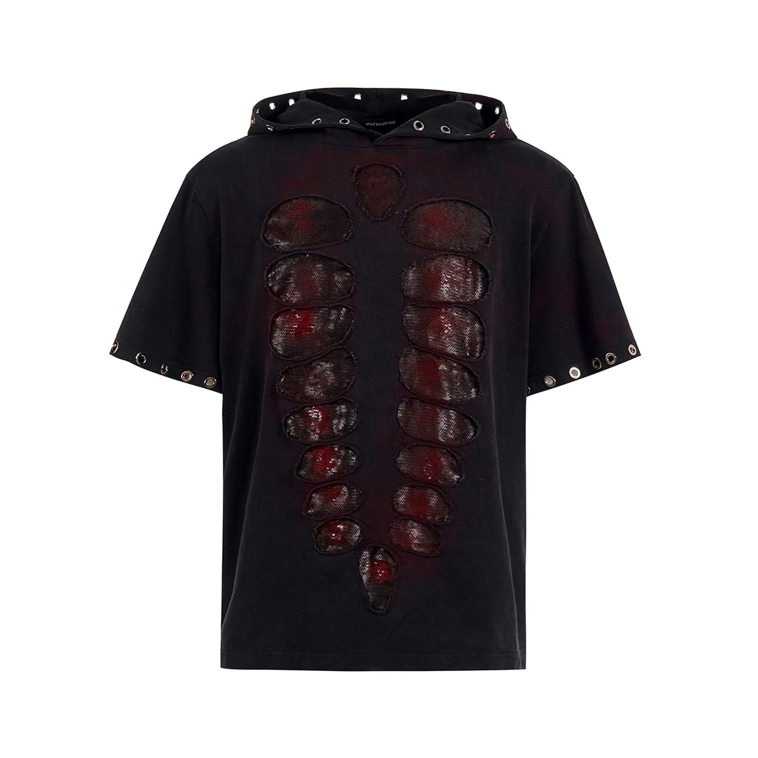 Black men's hooded t-shirt with sequin detailing and short sleeves in loose fit