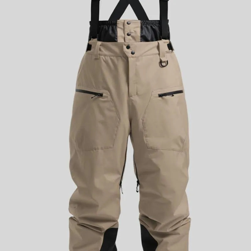 Men's black waterproof ski trousers with adjustable waist strap laid flat