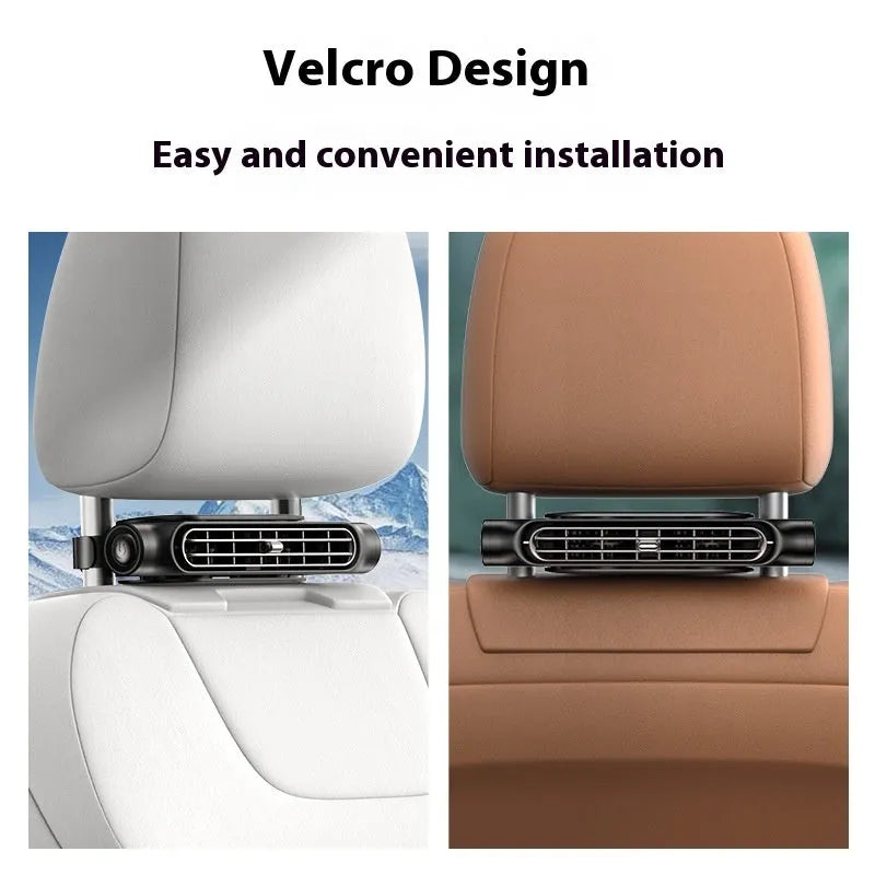 2024 model USB-powered car fan with velcro strips for mounting, shown in black, white, and beige colour options.