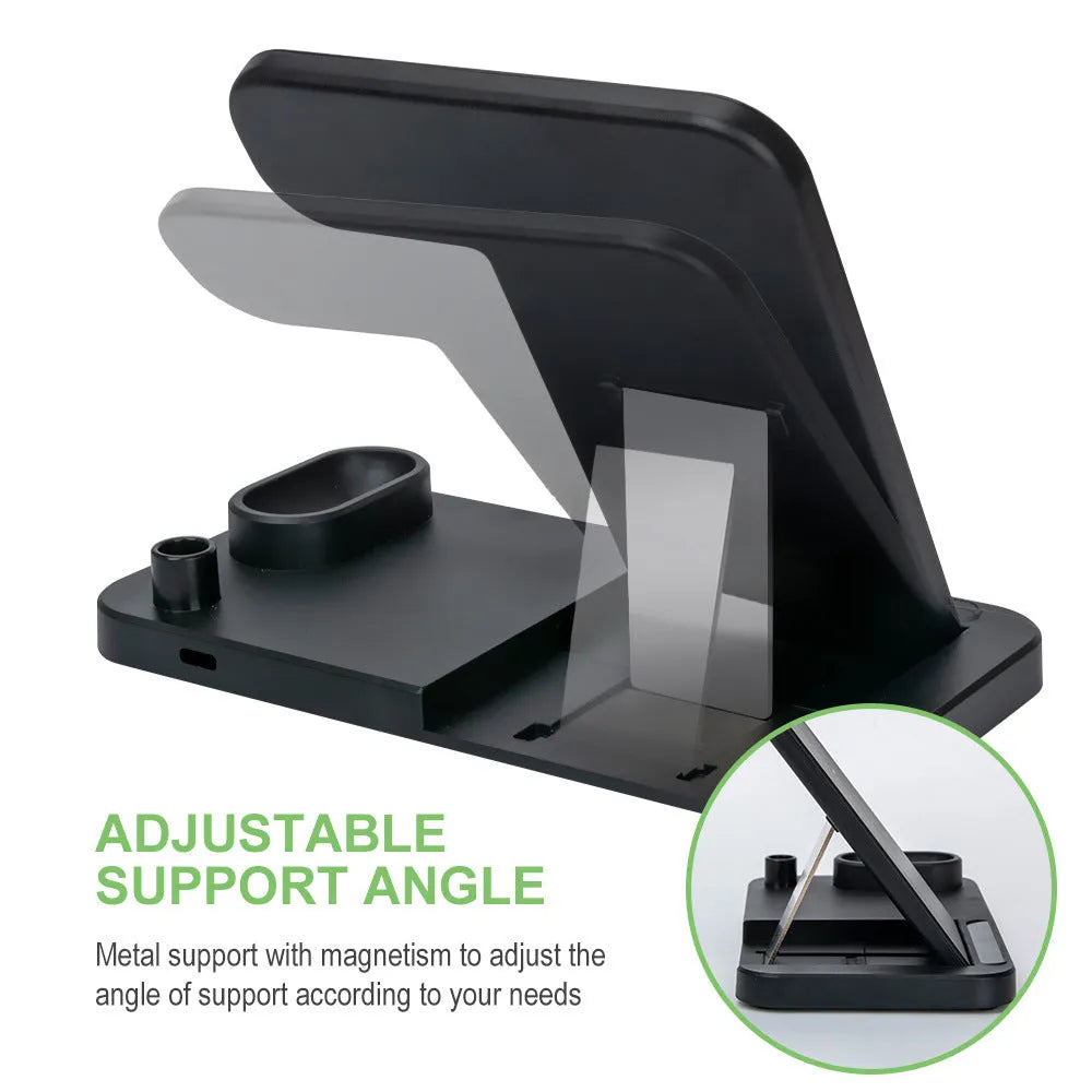 Folding 4-in-1 wireless charger in space grey colour showing vertical phone charging and Apple Pen slot