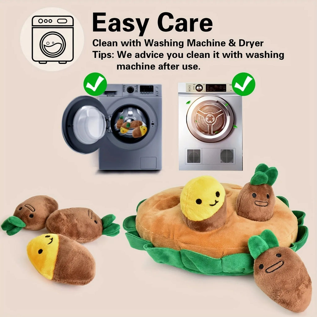Yellow interactive dog puzzle mat with foraging pockets and removable squeaky plush toys